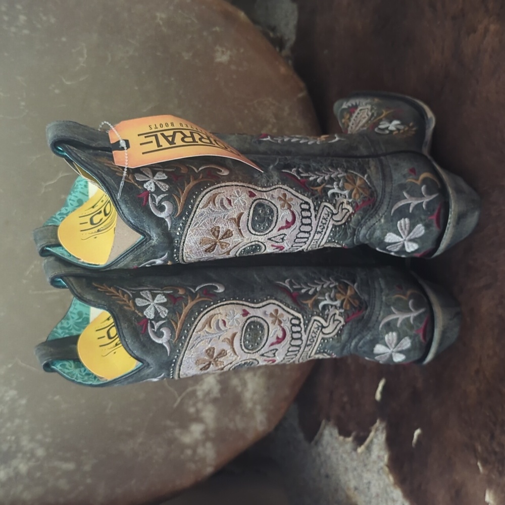 CORRAL E1587 distressed charcoal leather embroidered sugar skull boots sz 7 NWT - Picture 7 of 16
